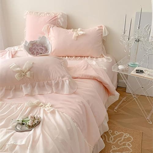 IHOUSTRIY Duvet Cover Twin Size, Ruffle Beddding Set with Bowtie, 2 Pieces Comforter Cover Set with Zipper Closure, Girl Princess Bedding with Pillowcase - Light Pink, Twin thumbnail 6