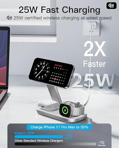 3-in-1 Charging Station for Apple Device, Qi2 25W Certified Magnetic Wireless Fast Charger Stand Compatible with MagSafe for iPhone 18/17/16/15/14/13/12/Air/Duo Series, Apple Watch & AirPods thumbnail 2