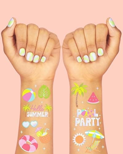 xo, Fetti Pool Party Temporary Tattoos - 68 Iridescent Foil Pcs | Summer Birthday Accessory, Kids Waterpark Party Favor, Cute Beach Activity thumbnail 3