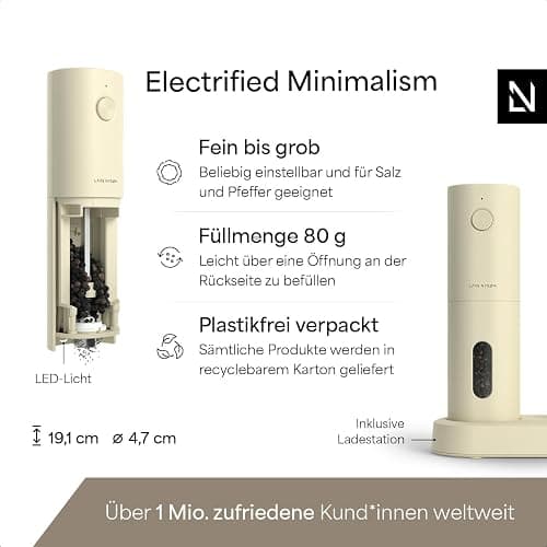 LARS NYSØM Salz und Pfeffer Mühle Elektrisch 2er Set mit einstellbarem Keramik-Mahlwerk von grob bis fein I Design Gewürzmühlenset Automatisch (2 Stück, Buttercream) thumbnail 4