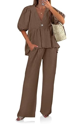 Tankaneo Womens 2 Piece Linen Sets V Neck Puff Sleeve Matching Set | Babydoll Top, Wide Leg Pants, Loose Fit, Summer Vacation Outfit, Beach, Resort, Cute Casual, Breathable Linen - Image 1