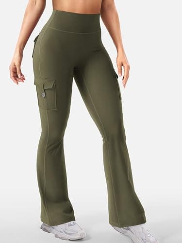YEOREO CoreFlex Women Workout Flare Leggings with Pockets Hidden Scrunch High Waisted Cargo Gym Yoga No Front Seam Leggings thumbnail 4