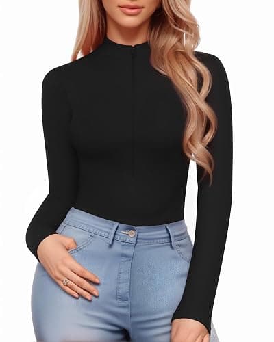MANGOPOP Long Sleeve Body Suit Mock Turtle Neck Zip Up Bodysuit for Women Ribbed Deep V Sexy Bodysuit Shirts thumbnail 2