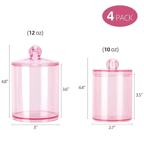 Tbestmax 12 oz & 10 oz Qtip Holder - 4 Pack Restroom Bathroom Organizers and Storage Containers, Pink Plastic Apothecary Jars with Lids for Cotton Swab, Cotton Round Pads, Floss thumbnail 3