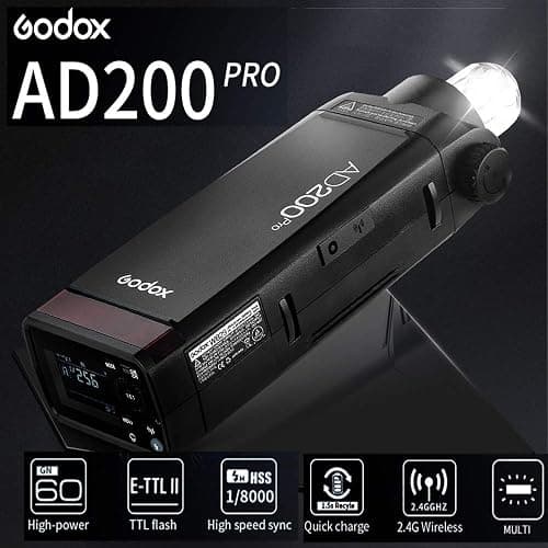 Godox AD200 Pro AD200Pro Flash Strobe, TTL Pocket Flash Monolight, 200W 2.4G Speedlite HSS 1/8000s 2900mAh Li-ion Battery, 500 Full Power Flashes, Bare Bulb/Speedlite Fresnel Flash Head thumbnail 2