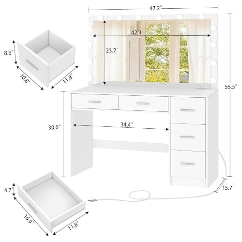 usikey 47.2" Large Vanity Desk with Lighted Mirror, 14 Lights, Makeup Vanity Table with 5 Large Drawers & Charging Station, Makeup Vanity Desk, Vanity Table Set for Bedroom, White thumbnail 2