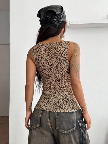 QJQ Women's Leopard Print Tank Tops Y2k Sexy Square Neck Cheetah Sleeveless Cropped Tee Shirt Workout Tops thumbnail 6