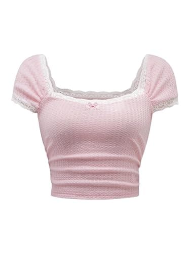 Verdusa Women's Cute Going Out Tops Coquette Crop Tops Bow Square Neck T Shirt - Image 1