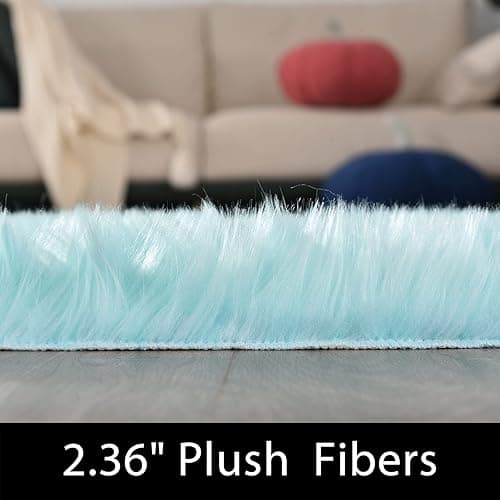 Latepis High Pile Faux Fur Area Rug, 4x6 ft, Light Blue, Living Room, Bedroom Decor, Washable, Fluffy, Luxury Home Decor - 4 x 6 ft Rectangle - Light Blue thumbnail 2
