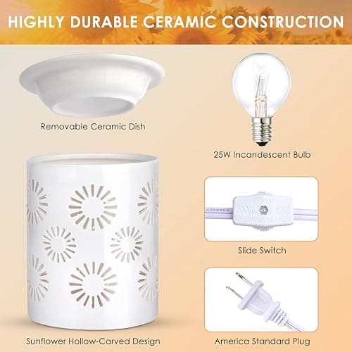 SALKING Ceramic Wax Melt Warmer, Electric Wax Warmer for Scented Wax, Candle Warmer Oil Burner with Edison Bulbs, Sunflower Fragrance Warmer Wax Cubes for Home, Bedroom, Birthday Gifts for Women thumbnail 3