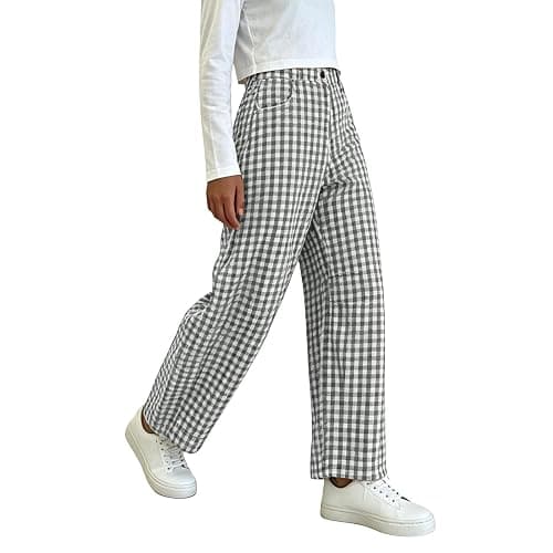 Women Barrel Checkered Pants High Waistband Baggy Lounge Trousers Fashion Plaid Wide Leg Pant with Pockets thumbnail 7