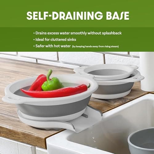Gevoli Collapsible Colanders (3 Pack Set) Food Strainers with Over-Sink Water Draining Base for Pasta Fruits and Vegetables, White (3 Sizes, 3QT, 4QT and 5 Quart) thumbnail 2