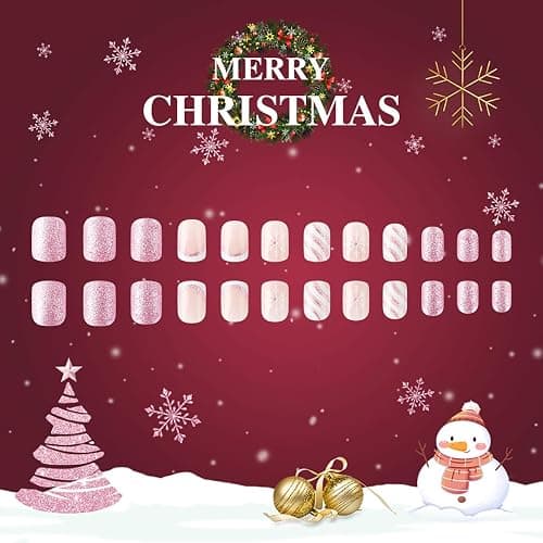 Christmas Press on Nails Short Square Fake Nails Full Cover Snowflake French Tip Glitter Design False Nails Xmas Cute Stick on Nails Winter Acrylic Artificial on Nails for DIY Nail Decoration 24Pcs thumbnail 4