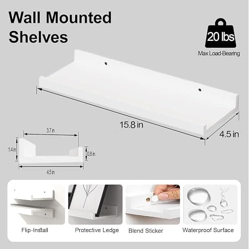 Solrot White Floating Shelves for Wall Decor, 16 in Shelf with Lip Set of 2 | 4.5" Deep Display Picture Ledge Shelf, Wall Mounted Wood Storage Shelves for Bedroom, Bathroom, Living Room, Kitchen Nursery thumbnail 2