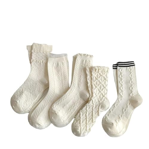 5 Pair Cute Beige Ruffle Frilly Rib Knit Crew Socks - Cottagecore Casual Ankle Coquette Kawaii Floral - Image 1