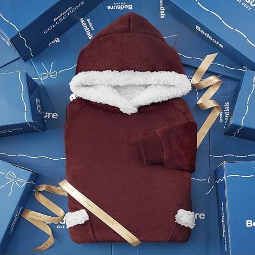 Bedsure Wearable Blanket Hoodie, Long Hooded Blanket Sweatshirt as Christmas Birthday Gifts for Men, Cozy Sherpa Hoodie for Adult, Oversize, Burgundy thumbnail 6
