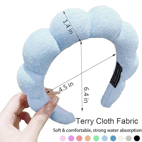 AOENJIE Spa Headbands for Washing Face or Makeup, Sponge Bubble Skincare Headbands, Puffy Terry Cloth Hairband for Women, Skin Care Makeup Headwear Hair Accessories for Girls(Blue) - Blue thumbnail 2