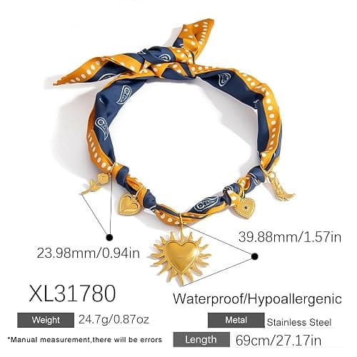 Klyxosh Scarf Necklace with Charm, Bandana Necklace with Gold Dainty Pendants - Chunky Cross, Heart, Flower, Conch, Boot, Cowboy Hat, Boho Beach Vintage Scarf Necklaces, Stylish Jewelry Gift thumbnail 6