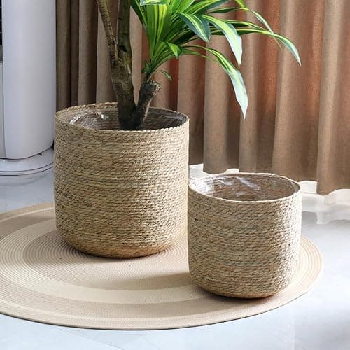 PotSonntag 14 inch Large Seagrass Woven Planter Basket - Wicker Planter Basket with Plastic Film Insert for Indoor Plants, Large Monstera Pot, Woven Storage Basket, Boho Home Decor (Large) thumbnail 5