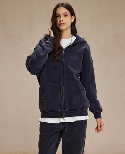 KEEPSHOWING Womens and Mens Zip Up Hoodies Long Sleeve Fall Oversized Sweatshirts Acid Wash Y2K Jacket with Pockets thumbnail 5