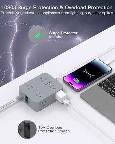 Power Strip with USB C Ports(2 USB C), HANYCONY 8 Outlets Surge Protector with 5 Ft Extension Cord, Flat Plug Wall Mount, Desk Charging Station for Home Office, ETL Listed Gray thumbnail 3