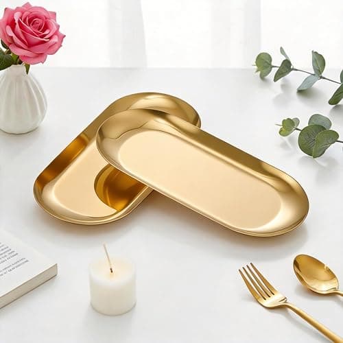 Vaincre Gold Decorative Jewelry Tray - 2PCS Stainless Steel Oval Trinket Ring Holder Dish, 7” Small Bathroom Vanity Kitchen Jewelry Plate Tray Decor for Storing Perfumes, Cosmetics, Candles, Key thumbnail 2