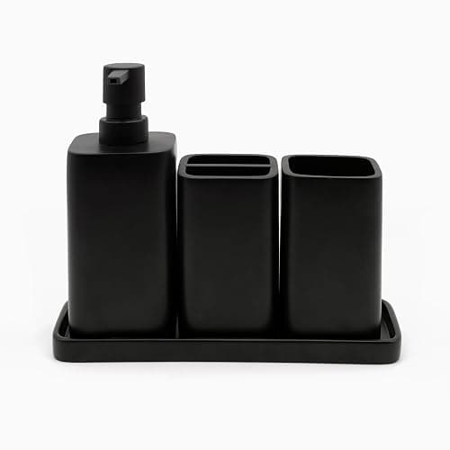 ZCCZ Matte Black Bathroom Accessory Sets, 4 Pieces Bathroom Accessories Complete Set Vanity Countertop Accessory Set, Includes Lotion Dispenser Soap Pump, Tumbler, Toothbrush Holder and Tray - Matte Black - Image 1