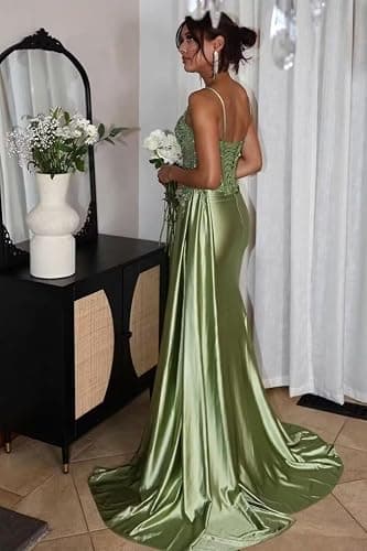 Mermaid Prom Dresses for Women Spaghetti Straps Satin Prom Dress with Slit LW010 thumbnail 2