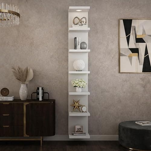 UrbanNook 7-Tier Floating Wall Shelf with LED Lights – White Modern Display Shelving Unit with Remote Control – Wall Mounted Bookshelf for Living Room, Bedroom, or Office Decor thumbnail 6