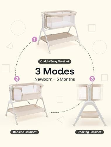 HARPPA Cuddly Baby Bassinet Bedside Sleeper, 3 in 1 Rocking Bassinet with Mattress and Soft Cover, Full Mesh Sides, 5 Height Adjustable with Wheels for Newborns, Beige thumbnail 5