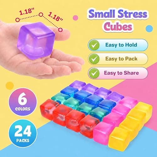 24 Pack Mini Stress Cubes for Kids: 1.18'' Soft Squeeze Toys with Storage Box, Squishy Sensory Fidget Toys for Classroom Prizes, Prize Box Toys, Party Favors thumbnail 3