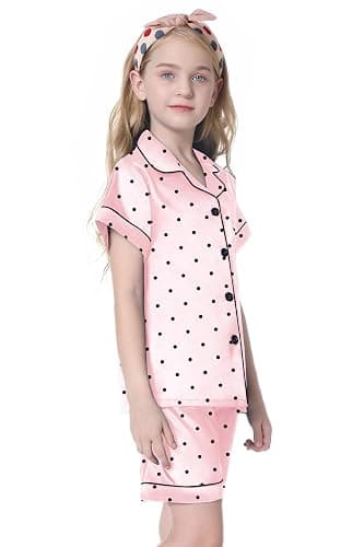 Umeyda Women & Girls Pajamas Set, 2 Piece PJS Satin Silk Sleepwear Button-Down Top with Shorts for Mom Kids Gifts thumbnail 4