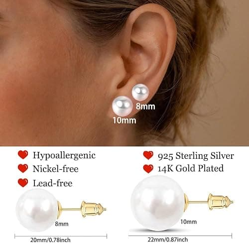 KNOWTODAY Hypoallergenic Pearl Earrings for Women 8-10 mm White Big Pearl Stud Earrings Set Nickel Free 12 Pairs Fake Pearls Earring Jewelry Gift for Bridal Wedding Christmas thumbnail 2