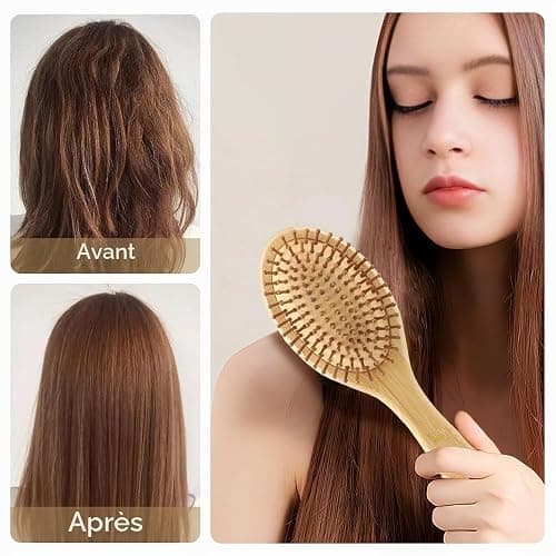 Brosse bambou cheveux,brosse cheveux bois,antistatique, pour hommes, femmes et enfants, pour cheveux longs et épais et pour cheveux lisses et bouclés, design anti-frisottis(rond) thumbnail 5