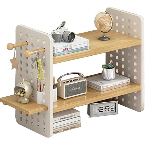Halyuhn Wood Desk Shelf Organizer, 2 Tier Desktop Bookshelf for Home and Office Supply, Wooden Desktop Organizer with Pegboard Design, Adjustable Display Shelf for Computer Desk - Image 1