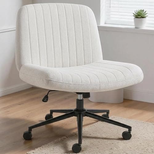 Shintenchi Criss Cross Chair,Cross Legged Office Seat with Wheels Armless Swivel Vanity Chair,Height Adjustable Wide Computer Task Seating for Home Office,Beige - Image 1