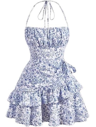 Narecte Summer Dresses for Women,Tie Halter Mini Dress,Floral Print Short Dress,Ruffle Trim Casual Dresses - Image 1