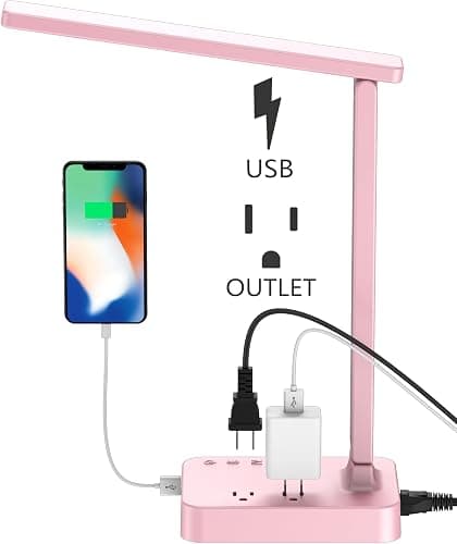 Drevet LED Desk Lamp, Desk Light with 1 USB Charging Port and 2 AC Power Outlet, 3 Lighting Modes, 3 Level Brightness,1H Timer, Touch Control, Eye-Caring Home Office Foldable Table Lamp (Pink) - Image 1