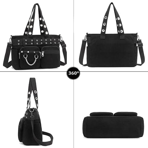 Ecohaso Tote Bag for Women, Corduroy Gothic Purse Goth Bag with Zipper for College, Work, Travel, Gym thumbnail 3