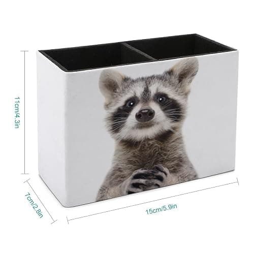 Niapessel Pencil Holder for Desk, Cute Funny Raccoon Pen Holder Storage Desktop Pen Organizer Desk Pencil Organizer Makeup Brush Holder for Office School College Leather thumbnail 3
