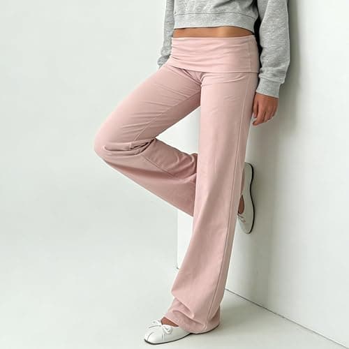 FOMOYUU Fold Over Lounge Pants for Women Y2K Low Rise Wide Leg Yoga Sweatpants Stretchy Foldover Pants Workout Bottoms thumbnail 3