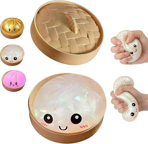 Glitter Dumpling Squishy, Dumpling Squishy Mystery Box, Soft Squeeze Dough Ball for Stress Relief, Easter Basket Stuffers, Stretchy Bun with Mini Food Steamer Desk Fidget Toy for Adults (White) - Image 1