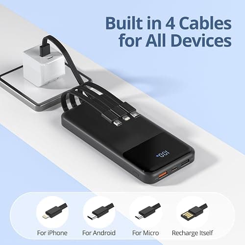 ZUOGGPET Portable Charger with Built in Cables, Power Bank with Cords Wires, Slim 10000mAh Travel Battery Pack 6 Outputs 3 Inputs 3A Fast Charging for Samsung Google Pixel LG Moto iPhone iPad, 1 Pack thumbnail 2