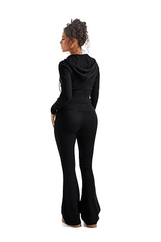 SUUKSESS Women 2 Piece Knit Sets Cropped Zip Up Hoodie Foldover Flare Leg Pants thumbnail 3