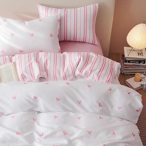 Sedefen Housse de Couette 140x200 cm cœur Rose Rayures Ado Adultes Parure de Lit 1 Personne avec Fermeture Éclair Filles Housse Couette en Microfibre avec 1 Taie d'oreiller 65x65 cm - Rose Coeur Réversible - 140x200cm+65x65cm*1 thumbnail 2