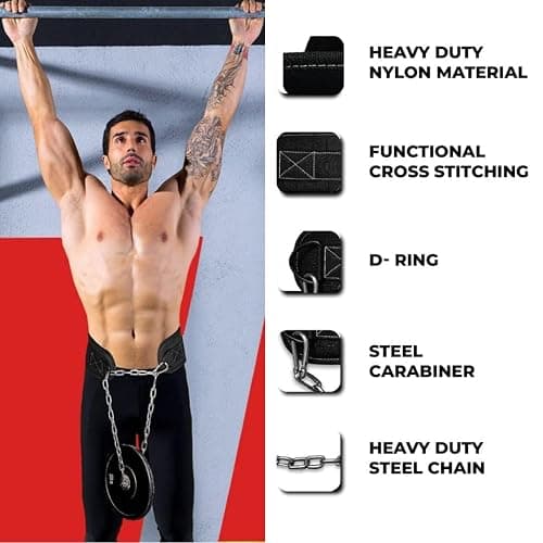 YAGHZU Dip Belt with Chain – Weighted Pull Up Belt, Dip Weight Belt, Weightlifting Belt for Pullups, Squats, and Dips, Belt Squat Attachment Ideal Weight Belt for Pullups, Weightlifting, and Gym Workouts (Black) thumbnail 2