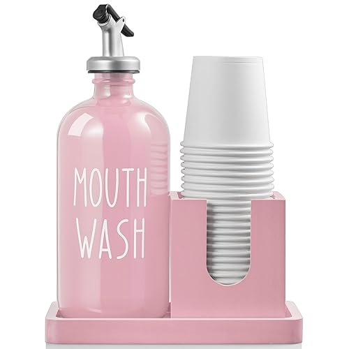 Mouthwash Dispenser for Bathroom, 16 OZ Glass Mouthwash Dispenser with Pour Spout and Wood Cup Holder and Tray, Mouth Wash Bottle Container, Farmhouse Kitchen Bathroom Decor and Accessories, Pink - Pink