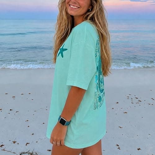 Women Teens Girl Oversized Graphic Shirts Short Sleeve Floral Baggy Tees Y2K Cute Aesthetic Summer Coastal Tops thumbnail 3