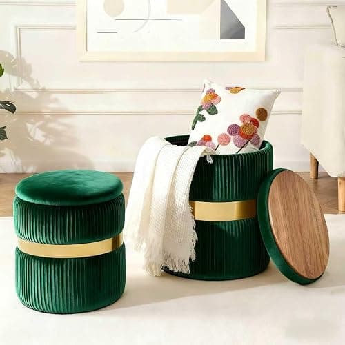 2BYF Round Ottoman with Storage Set of 2 Vanity Stool Foot Rest with Removable Lid for Bedroom Green Velvet Storage Ottoman Stool for Living Room Bedroom and Dorm - Image 1