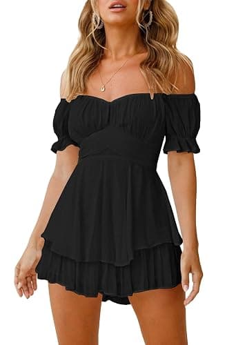 Fixmatti Women Boho Romper Off Shoulder Ruffle Chiffon Shorts Jumpsuit Playsuits - Image 1
